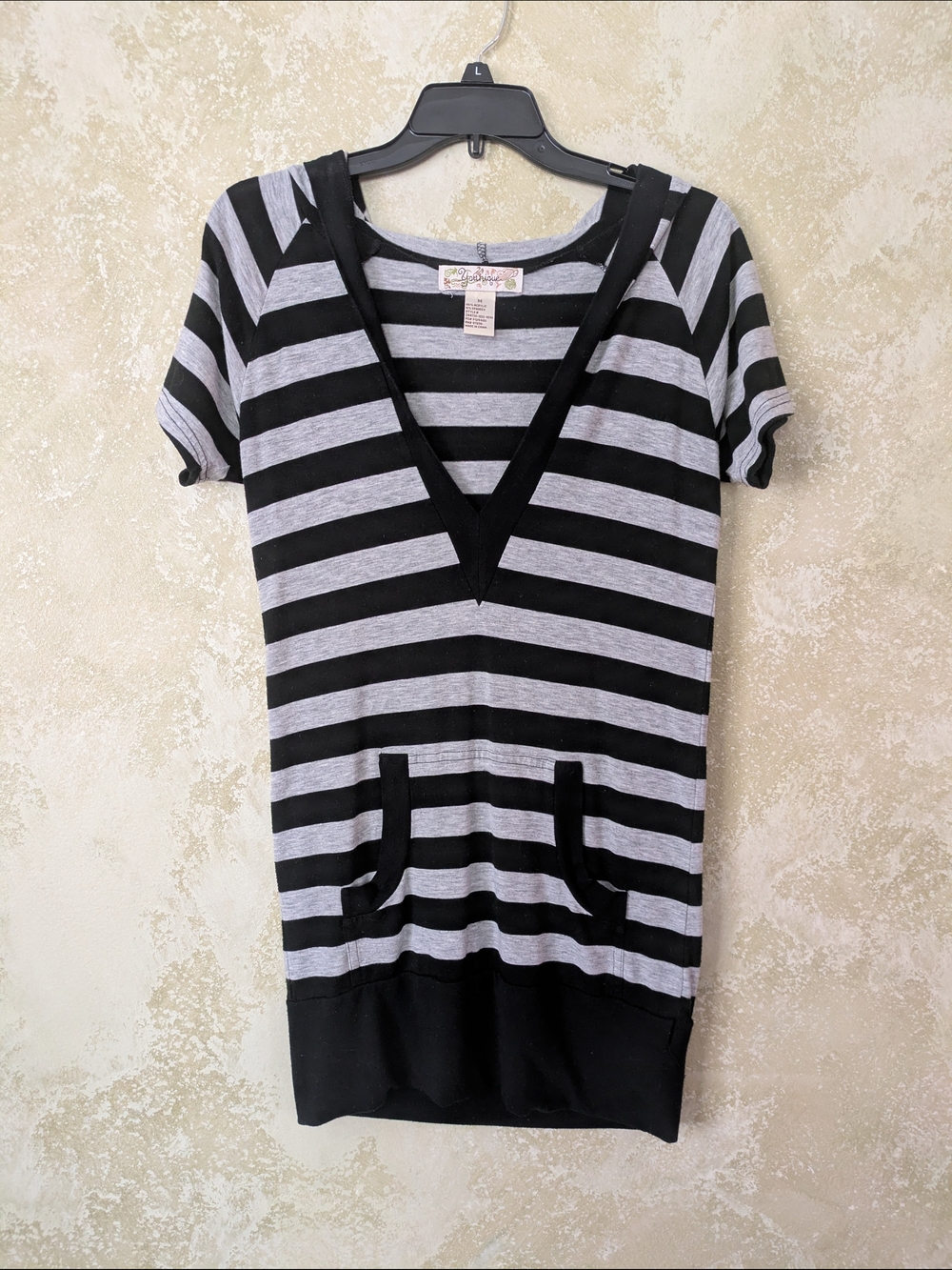 Younique Hooded Black and Light Gray Striped Knit Top Sz M
